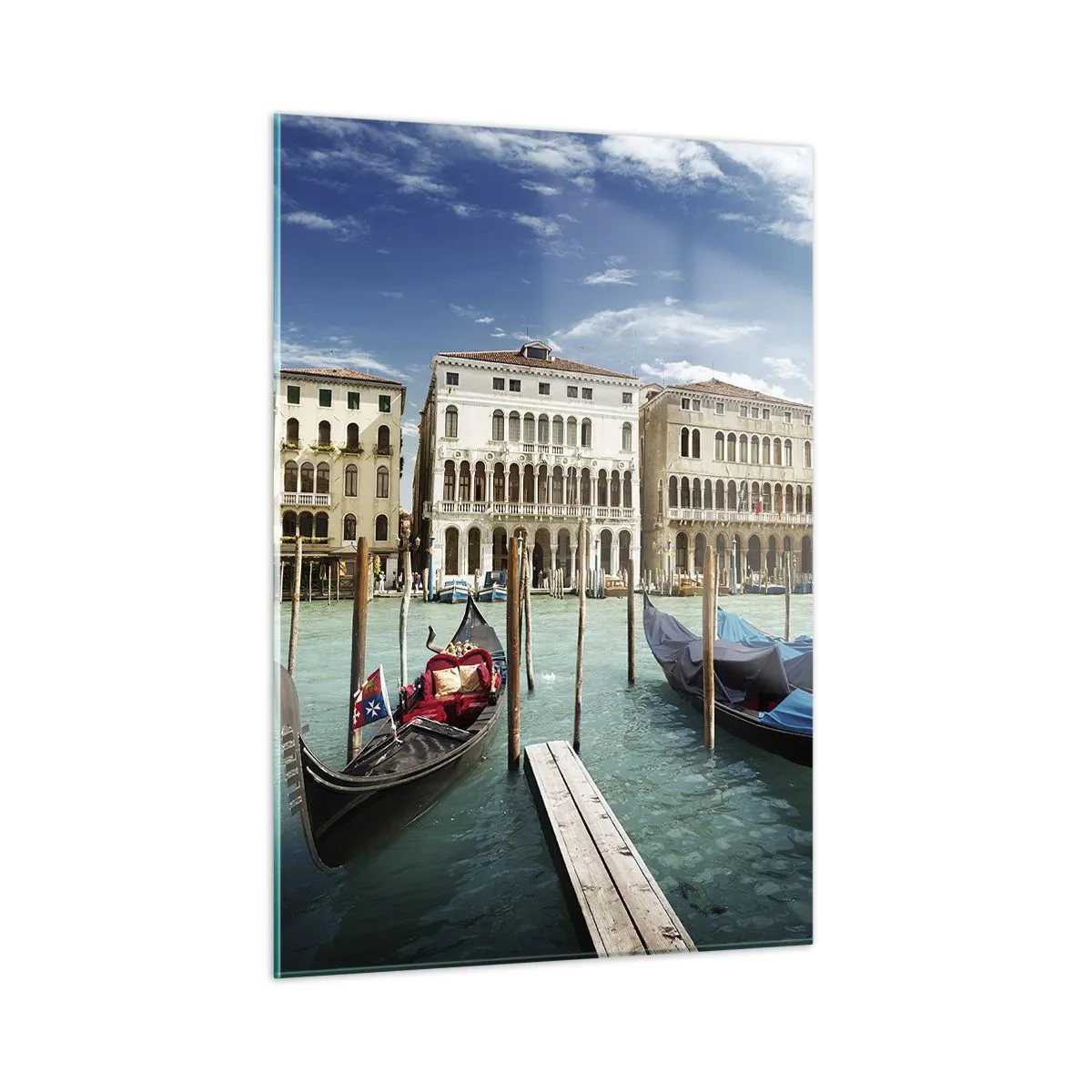 Quadro su vetro - Gondole su un canale a Venezia in una giornata di sole - 50x70cm - Palazzi nel blu - Decorazione murale moderna per soggiorno e camera da letto ARTTOR