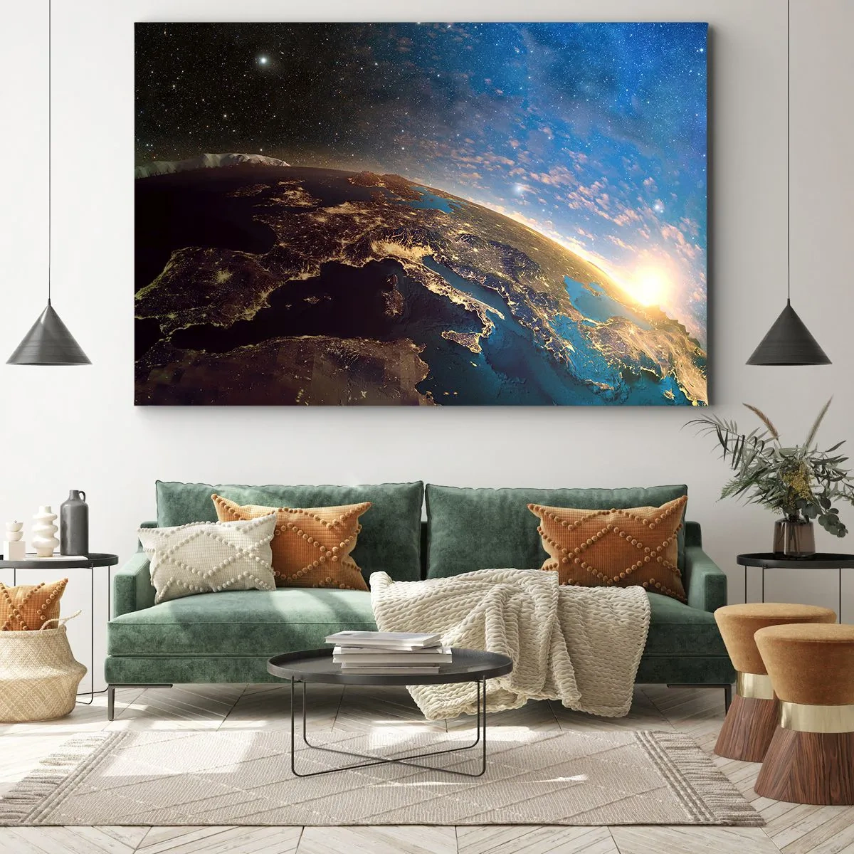 Quadro su tela - Stampe su Tela - Vista della Terra dallo spazio all'alba - 70x50cm - Guardiamoci da lontano - Decorazione murale moderna per soggiorno e camera da letto ARTTOR