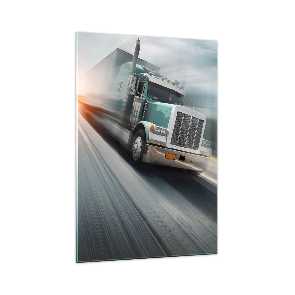 Quadro su vetro - Un camion in autostrada in movimento al tramonto - 70x100cm - Gigante americano in corsa - Decorazione murale moderna per soggiorno e camera da letto ARTTOR