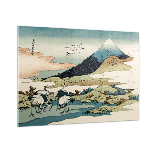 Quadro su vetro - Dipinto di uccelli in un paesaggio giapponese con vista sul Monte Fuji. - 100x70cm - Nello spirito giapponese - Decorazione murale moderna per soggiorno e camera da letto ARTTOR