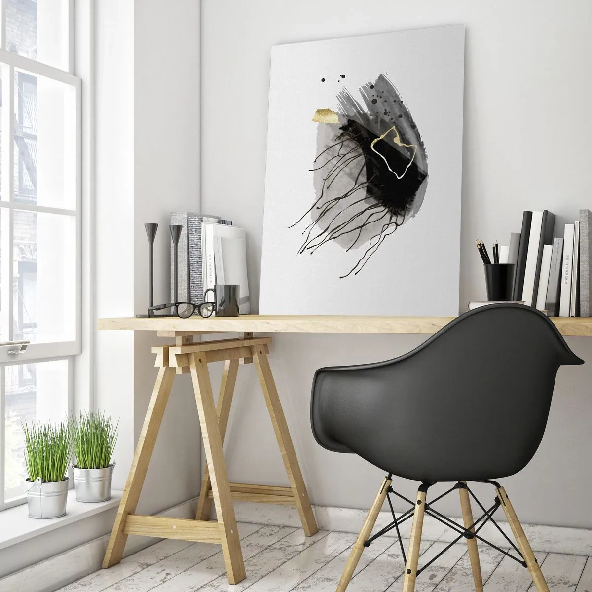 Quadro su vetro - Una composizione astratta con accenti di nero e oro. - 80x120cm - In nero e in oro - Decorazione murale moderna per soggiorno e camera da letto ARTTOR