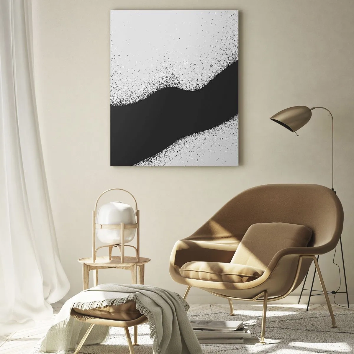 Quadro su vetro - Astrazione minimalista in bianco e nero con gradiente di punti - 50x70cm - Equilibrio fluido - Decorazione murale moderna per soggiorno e camera da letto ARTTOR