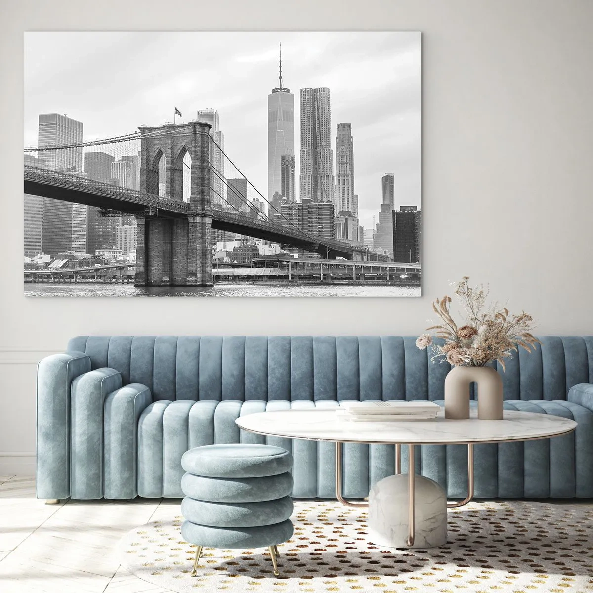 Quadro su vetro - Foto in bianco e nero di un ponte e di un paesaggio urbano - 120x80cm - Atmosfera di New York - Decorazione murale moderna per soggiorno e camera da letto ARTTOR
