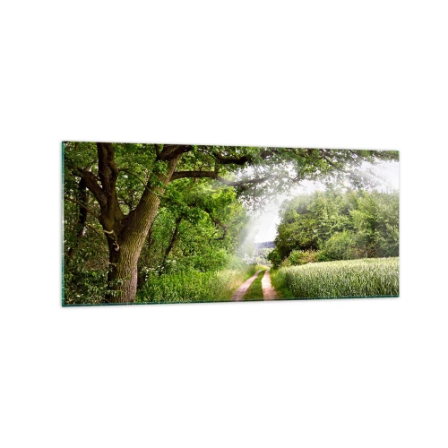 Quadro su vetro - Una strada sterrata tra alberi verdi e luce solare - 120x50cm - Et in Arcadia ego - Decorazione murale moderna per soggiorno e camera da letto ARTTOR