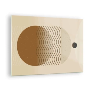 Quadro su vetro - Composizione geometrica con onde e cerchi nei colori beige - 70x50cm - Sull'origine delle figure geometriche - Decorazione murale moderna per soggiorno e camera da letto ARTTOR