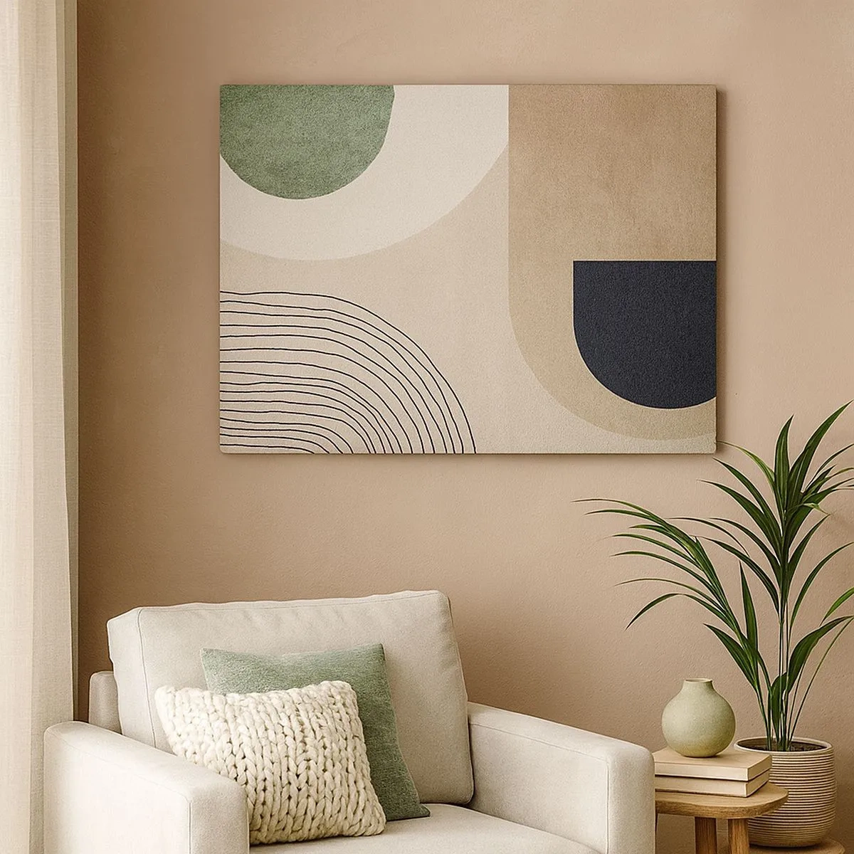 Quadro su tela - Stampe su Tela - Forme geometriche nei toni del beige e del verde - 70x50cm - La mitezza dell'ovale - Decorazione murale moderna per soggiorno e camera da letto ARTTOR