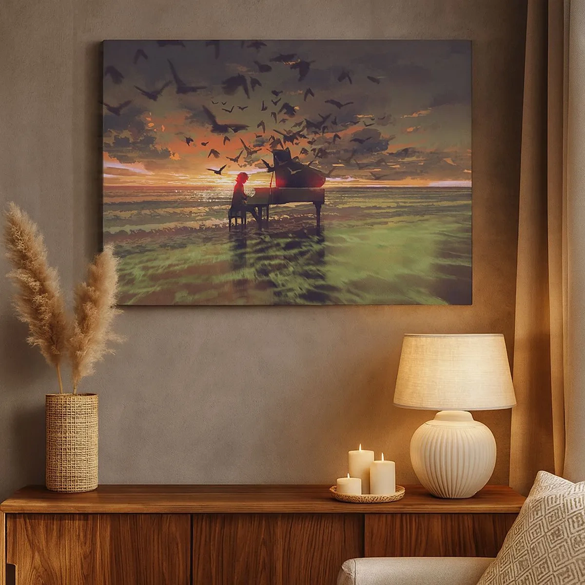 Quadro su tela - Stampe su Tela - Un pianoforte in riva al mare al tramonto con gli uccelli - 70x50cm - Concerto per pianoforte e onde - Decorazione murale moderna per soggiorno e camera da letto ARTTOR