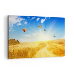Quadro su tela - Stampe su Tela - Un campo dorato, un sentiero e farfalle contro un cielo azzurro - 120x80cm - Come non amare l'estate? - Decorazione murale moderna per soggiorno e camera da letto ARTTOR