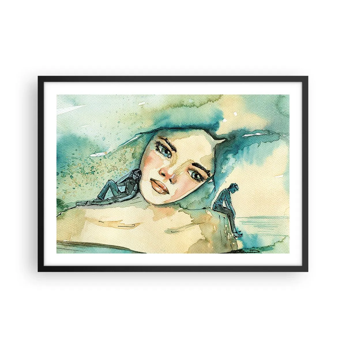 Poster in cornice nera - Acquerello del volto di una donna con motivo riflettente - 70x50cm - Am I blue? - Decorazione murale moderna per soggiorno e camera da letto ARTTOR