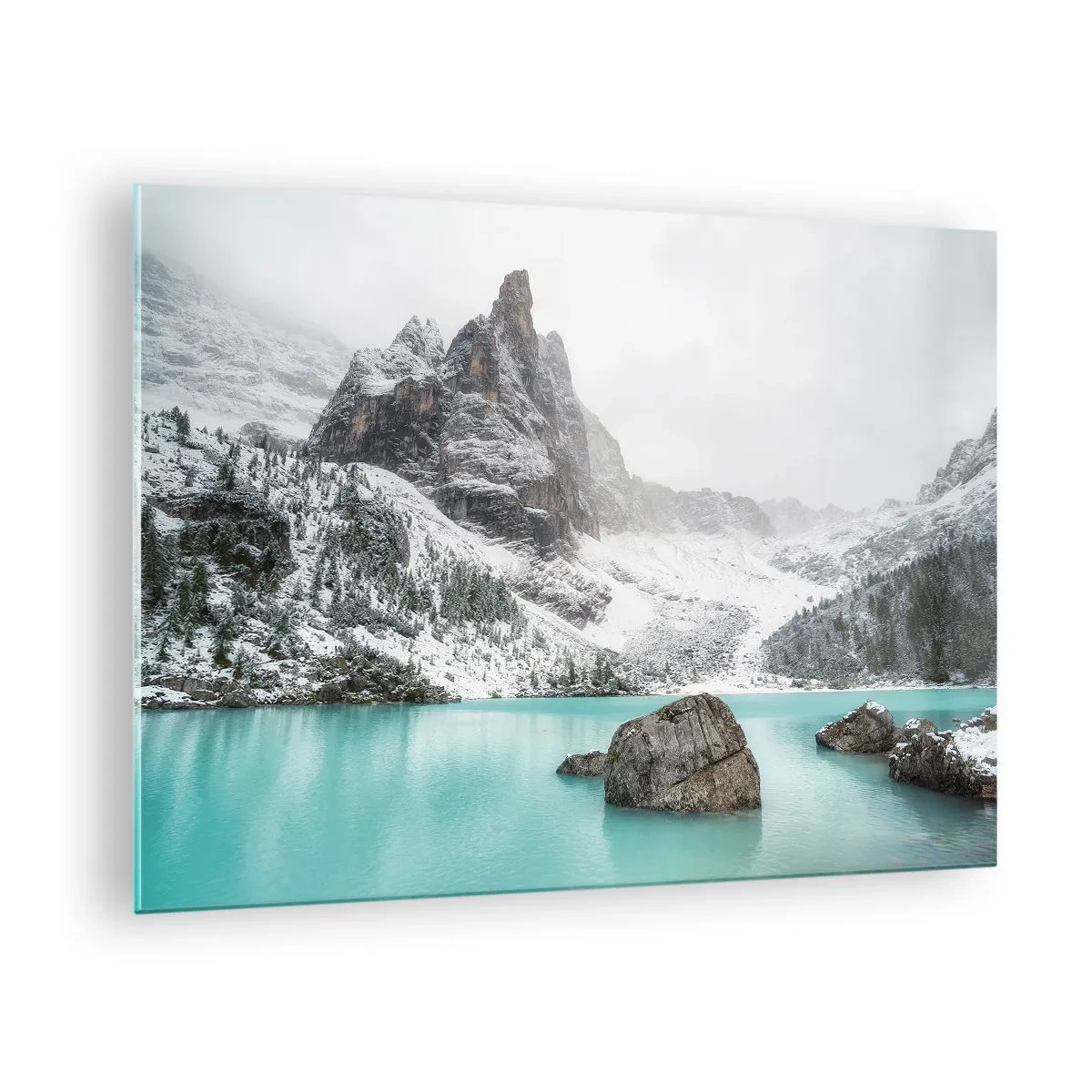 Quadro su vetro - Paesaggio invernale con lago turchese - 70x50cm - Di guardia - Decorazione murale moderna per soggiorno e camera da letto ARTTOR