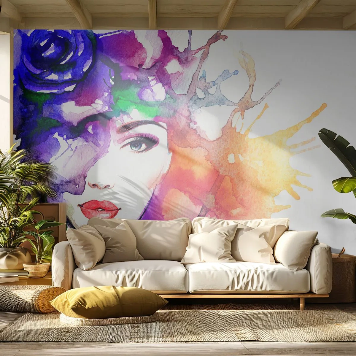 Fotomurali Premium Sand - Con la testa tra le nuvole - Donna, Volto di donna, Astrazione - 500x350 cm