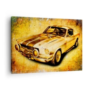Quadro su tela - Stampe su Tela - Classica auto sportiva retrò su uno sfondo vintage nei toni dell'oro - 70x50cm - I folli anni '70 - Decorazione murale moderna per soggiorno e camera da letto ARTTOR