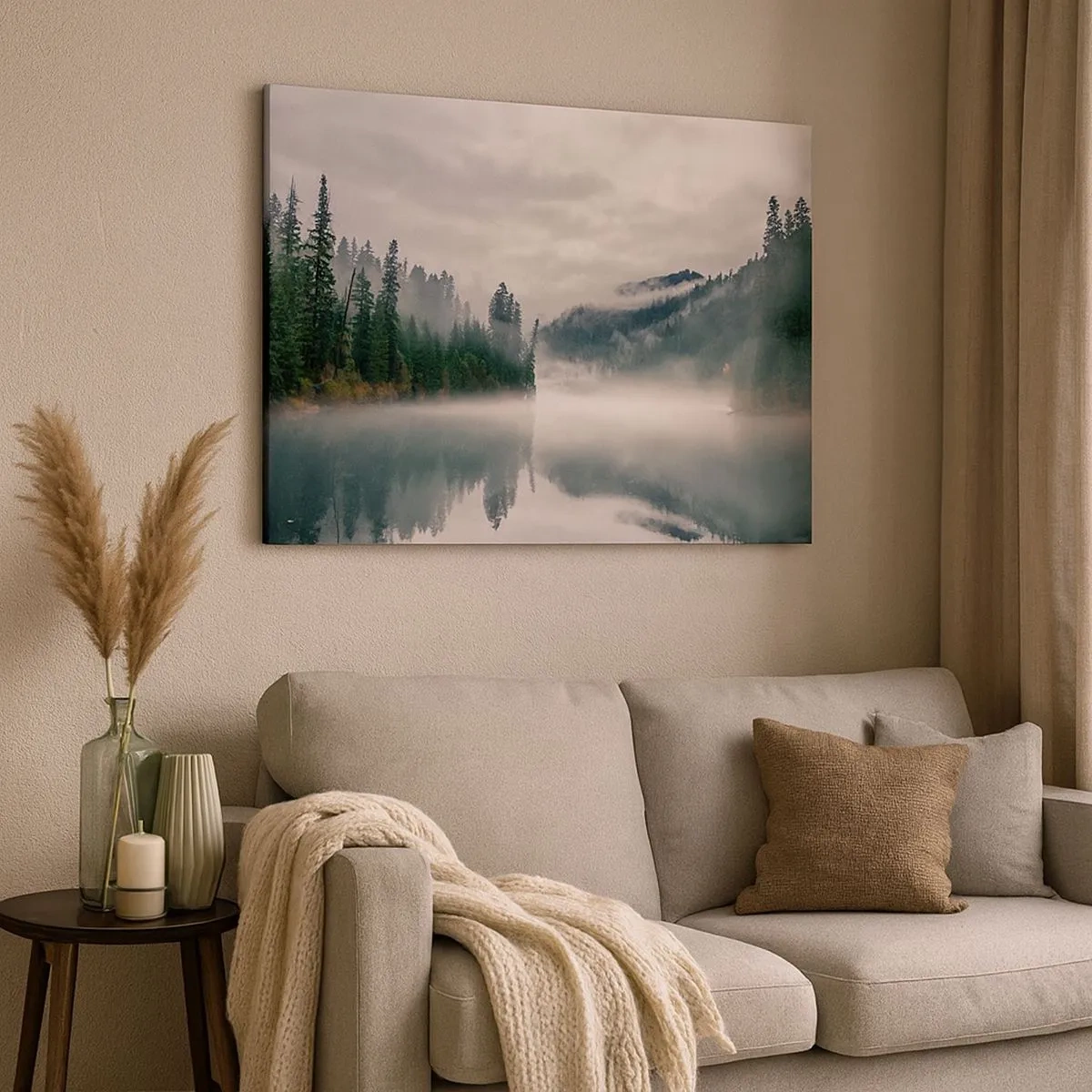 Quadro su tela - Stampe su Tela - Una foresta nebbiosa riflessa in un lago calmo - 70x50cm - Riflettendo nella nebbia - Decorazione murale moderna per soggiorno e camera da letto ARTTOR