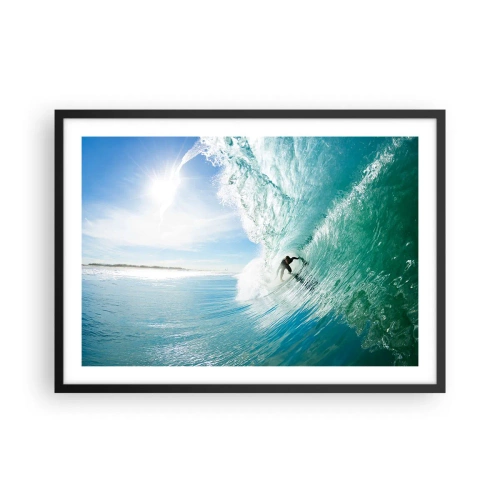 Poster in cornice nera - Un surfista cavalca un'onda alla luce del sole contro un cielo blu - 70x50cm - Sempre sull'onda - Decorazione murale moderna per soggiorno e camera da letto ARTTOR