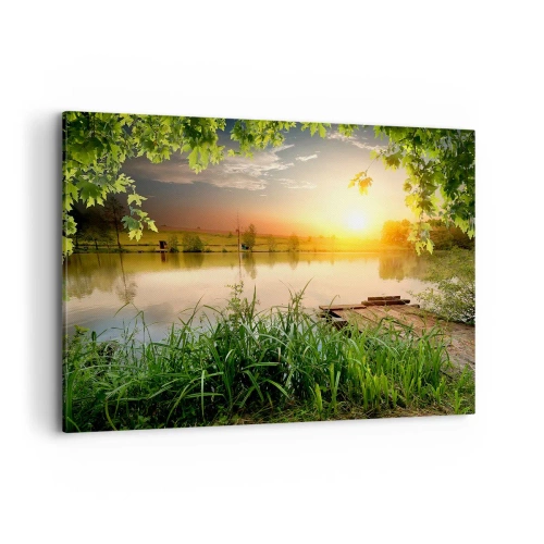 Quadro su tela - Stampe su Tela - Paesaggio verde con un lago al tramonto - 120x80cm - Paesaggio incorniciato di verde - Decorazione murale moderna per soggiorno e camera da letto ARTTOR
