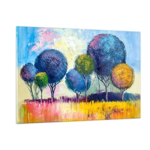 Quadro su vetro - Alberi colorati su uno sfondo di paesaggio astratto - 120x80cm - Sfera: forma ideale - Decorazione murale moderna per soggiorno e camera da letto ARTTOR