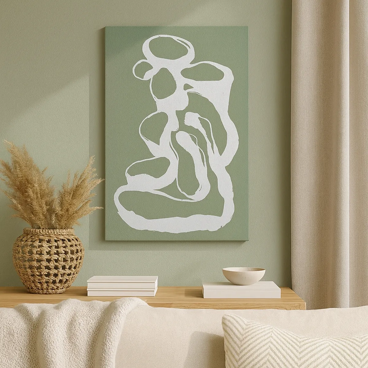 Quadro su tela - Stampe su Tela - Forme organiche in bianco su sfondo verde - 50x70cm - Il richiamo dello spazio - Decorazione murale moderna per soggiorno e camera da letto ARTTOR