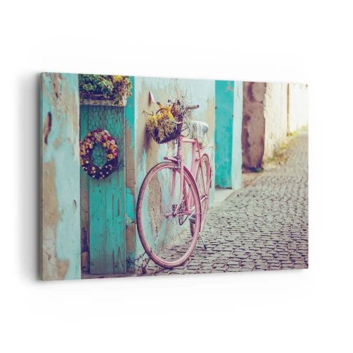 Quadro su tela - Stampe su Tela - Una bicicletta rosa vicino a una porta turchese - 120x80cm - Torno subito - Decorazione murale moderna per soggiorno e camera da letto ARTTOR