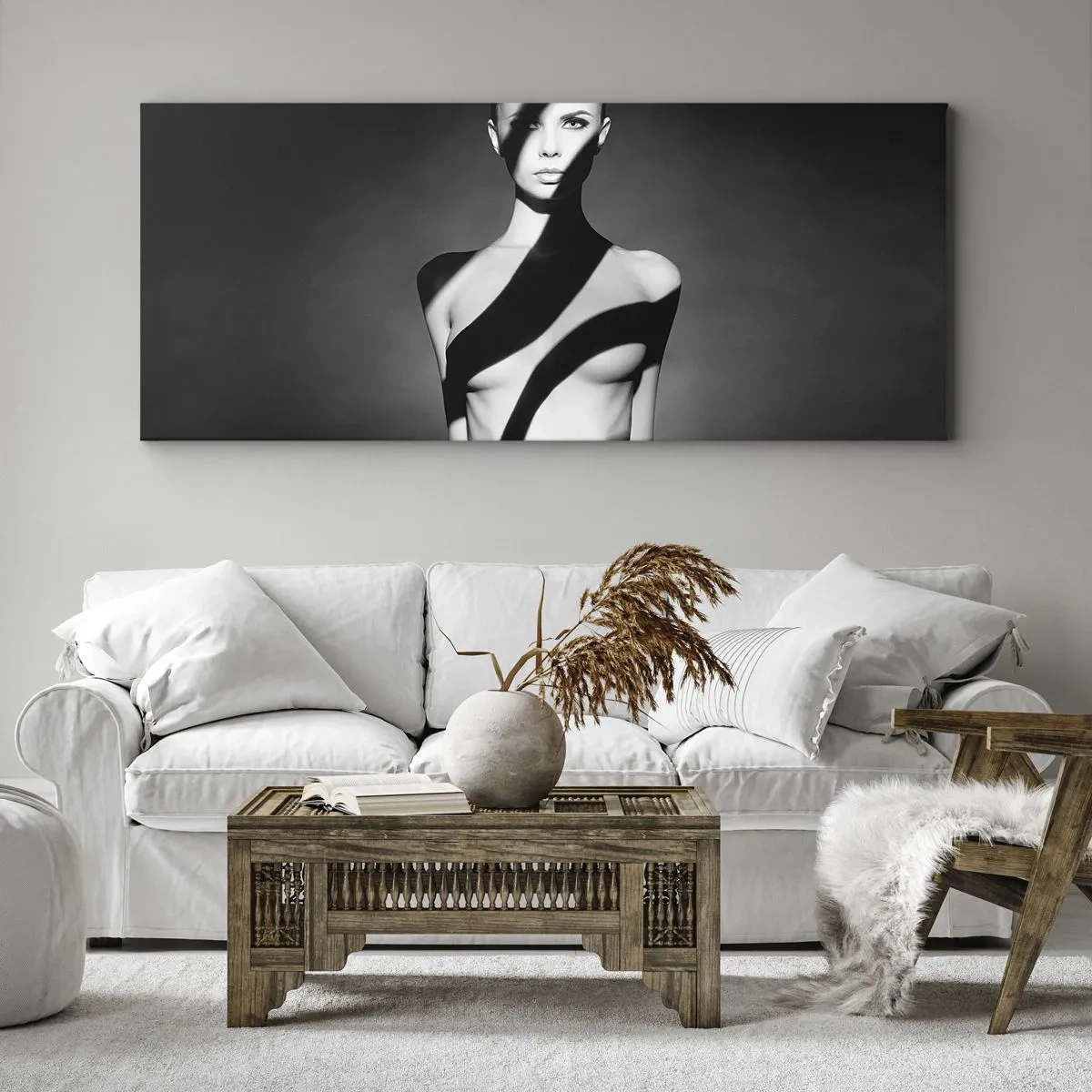 Quadro su tela - Stampe su Tela - Ritratto in bianco e nero di una donna in luce e ombra - 160x50cm - Luci e ombre - Decorazione murale moderna per soggiorno e camera da letto ARTTOR