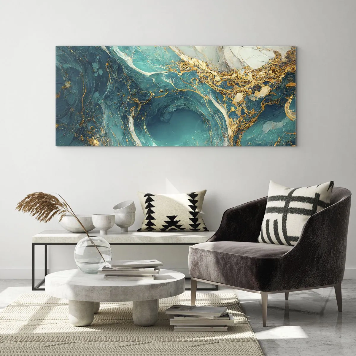 Quadro su vetro - Una composizione astratta nei toni del turchese e dell'oro. - 140x50cm - Composizione con vene d'oro - Decorazione murale moderna per soggiorno e camera da letto ARTTOR
