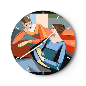 Orologio da parete - Orologio in Vetro - Due donne in stile geometrico su uno sfondo colorato - 30x30cm - Il momento delle confidenze - Decorazione murale moderna per soggiorno, cucina e camera da letto ARTTOR