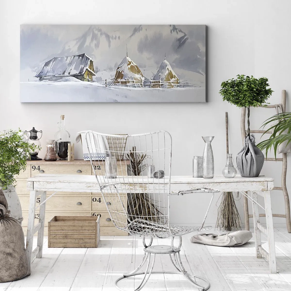 Quadro su tela - Stampe su Tela - Paesaggio invernale con una casetta e pagliai in montagna - 120x50cm - Nella valle innevata - Decorazione murale moderna per soggiorno e camera da letto ARTTOR