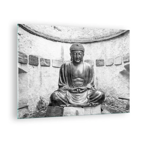 Quadro su vetro - Statua in bianco e nero del Buddha in posa meditativa - 70x50cm - Alla fonte della pace - Decorazione murale moderna per soggiorno e camera da letto ARTTOR