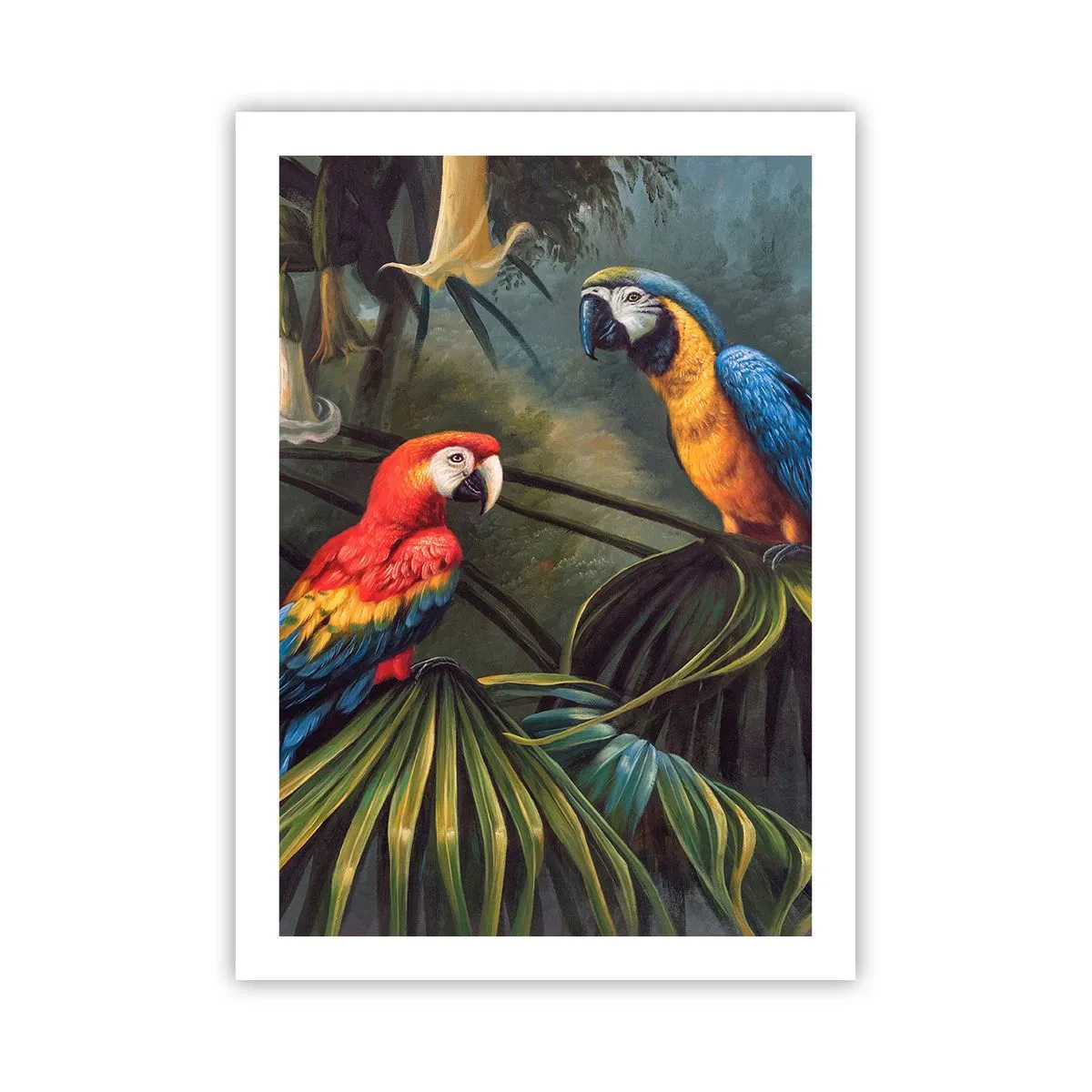 Poster - Pappagalli tropicali circondati da una vegetazione lussureggiante - 50x70cm - Romanticità ai tropici - Decorazione murale moderna per soggiorno e camera da letto ARTTOR