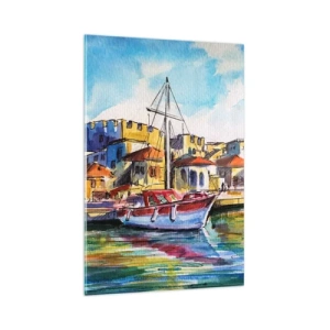 Quadro su vetro - Un pittoresco porto con una barca e edifici colorati - 80x120cm - Un colorato pomeriggio - Decorazione murale moderna per soggiorno e camera da letto ARTTOR