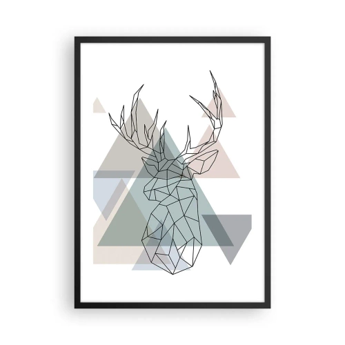 Poster in cornice nera - Silhouette geometrica di un cervo su uno sfondo di triangoli - 50x70cm - Nel bosco geometrico - Decorazione murale moderna per soggiorno e camera da letto ARTTOR