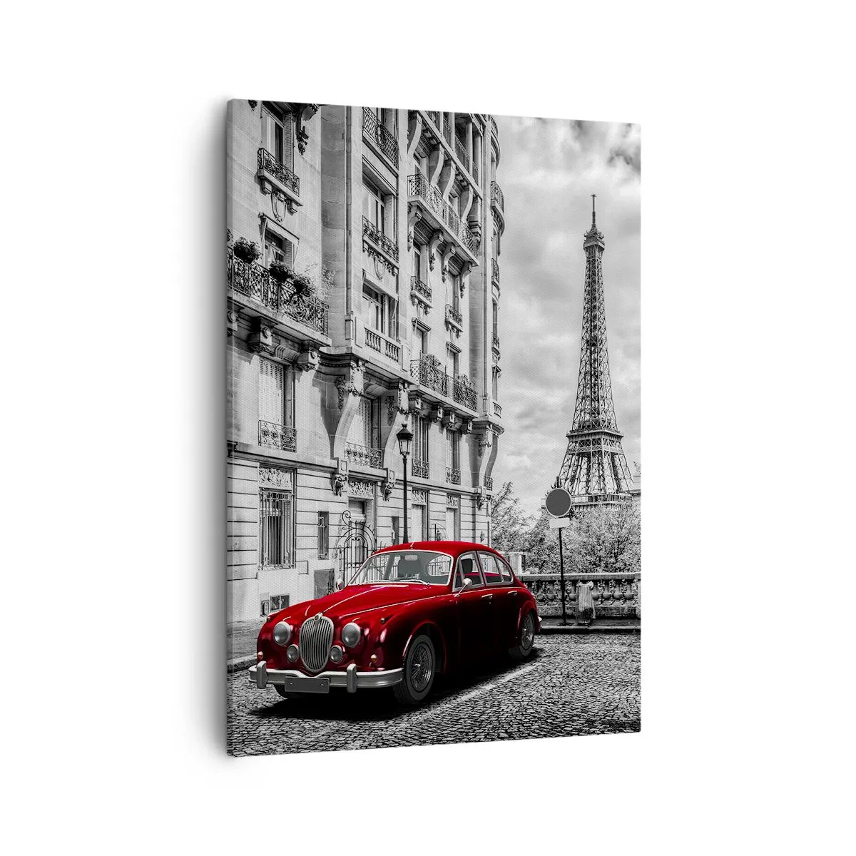 Quadro su tela - Stampe su Tela - Un'auto rossa con la Torre Eiffel sullo sfondo in un'ambientazione in bianco e nero - 50x70cm - Predatore in città - Decorazione murale moderna per soggiorno e camera da letto ARTTOR