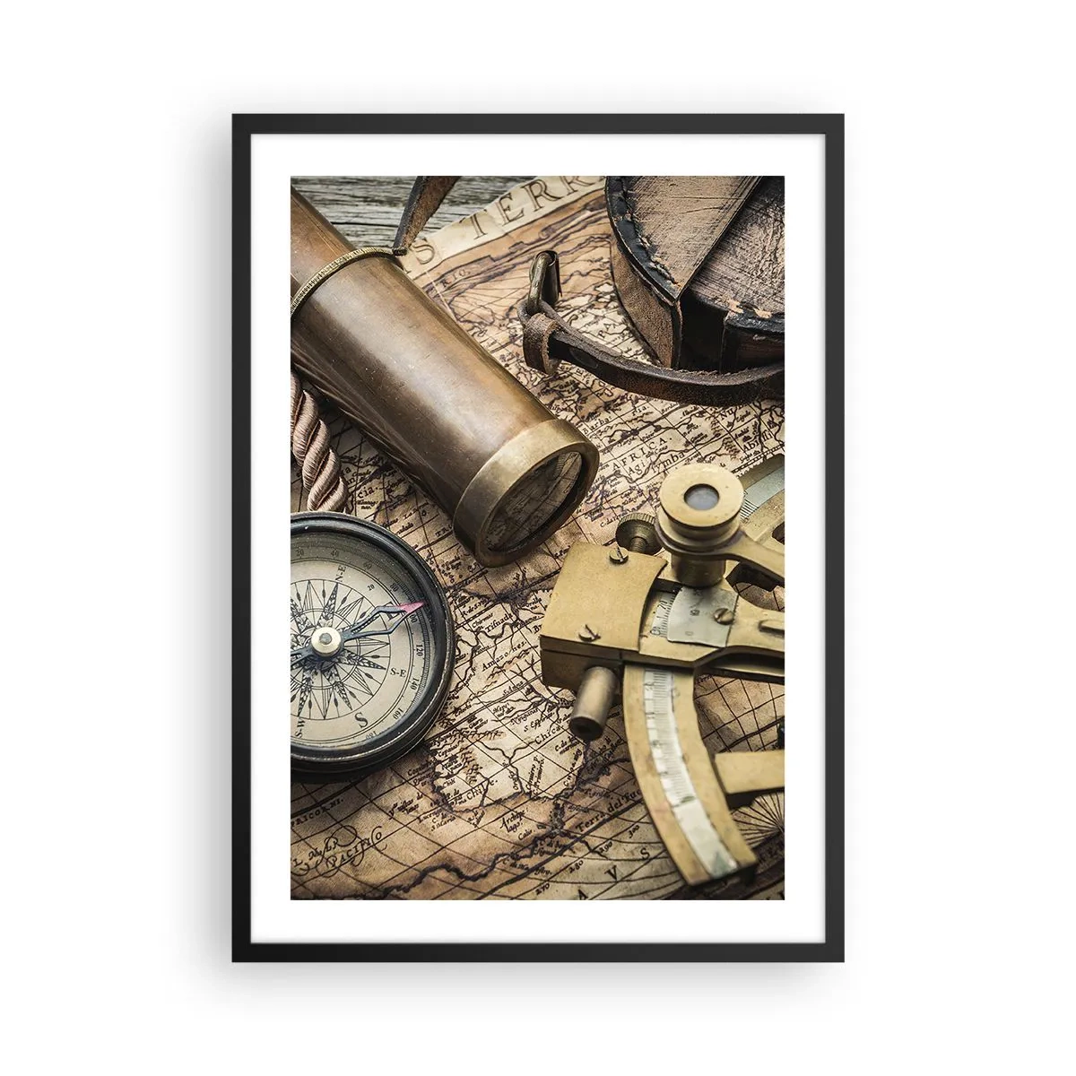 Poster in cornice nera - Set di navigazione con mappa, bussola e sestante - 50x70cm - Traccia la rotta - Decorazione murale moderna per soggiorno e camera da letto ARTTOR