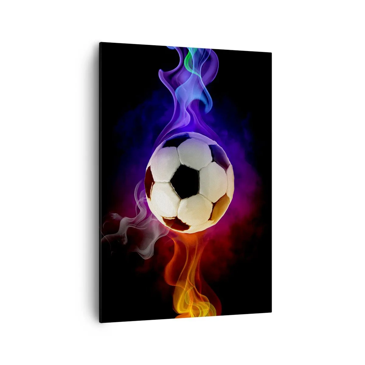 Quadro su tela - Stampe su Tela - Un pallone da calcio circondato da effetti di fumo colorati su uno sfondo scuro. - 70x100cm - La forza magica del gioco - Decorazione murale moderna per soggiorno e camera da letto ARTTOR