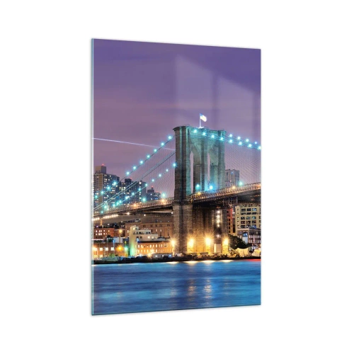 Quadro su vetro - Ponte di Brooklyn di notte con la città illuminata sullo sfondo - 70x100cm - Da tanti anni il ponte di Brooklyn - Decorazione murale moderna per soggiorno e camera da letto ARTTOR
