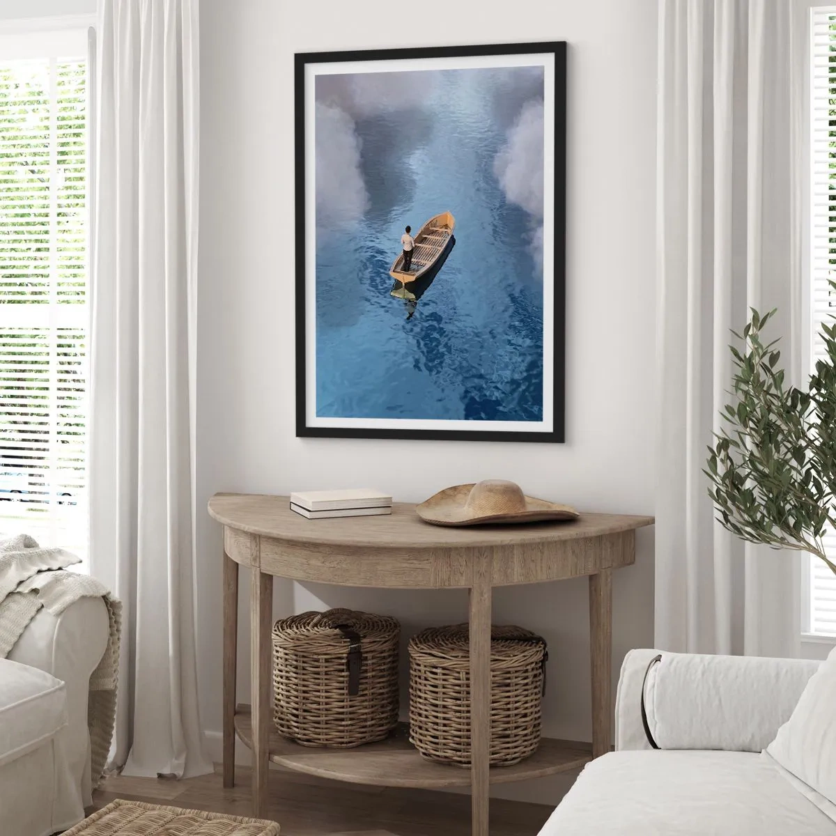 Poster in cornice nera - Una persona su una barca che galleggia sull'acqua, dove si riflettono il cielo e le nuvole. - 50x70cm - Vita - viaggio - incertezza  - Decorazione murale moderna per soggiorno e camera da letto ARTTOR