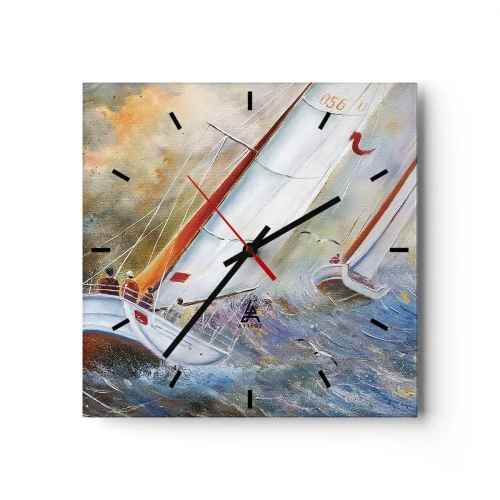 Orologio da parete - Orologio in Vetro - Barche a vela su onde agitate in una composizione dinamica - 30x30cm - Correndo sulle onde - Decorazione murale moderna per soggiorno e camera da letto ARTTOR