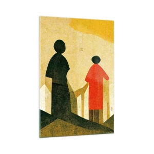 Quadro su vetro - Silhouette geometriche in rosso e verde su sfondo giallo - 70x100cm - La strada è ancora lunga - Decorazione murale moderna per soggiorno e camera da letto ARTTOR