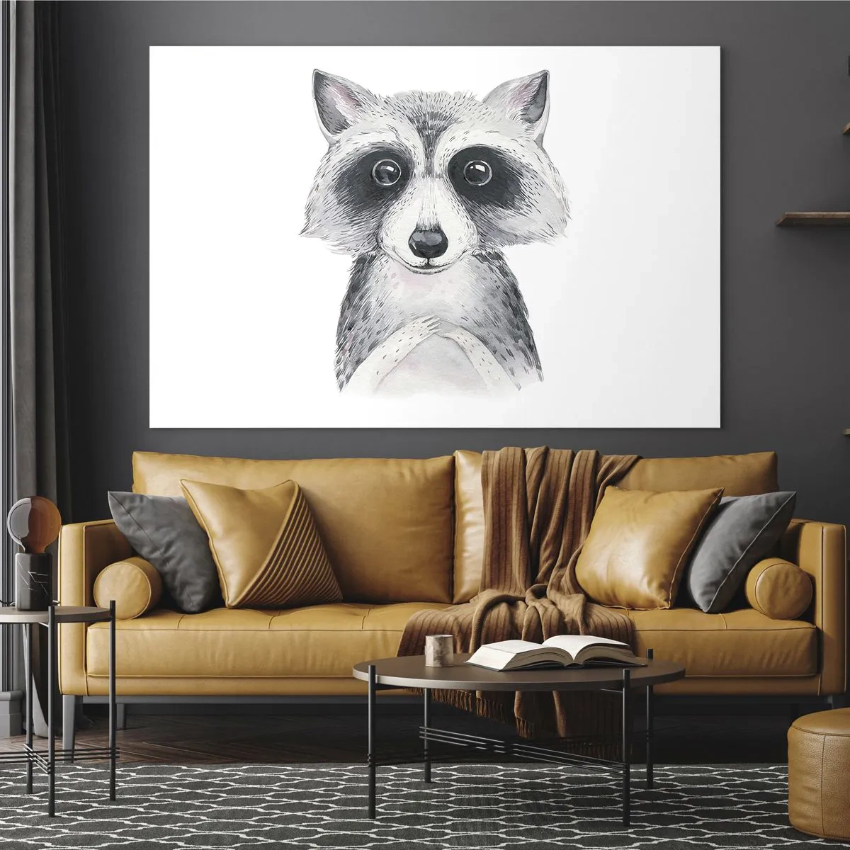 Quadro su vetro - Ritratto di un cane procione in bianco e nero - 100x70cm - Un attimo di commozione - Decorazione murale moderna per soggiorno e camera da letto ARTTOR