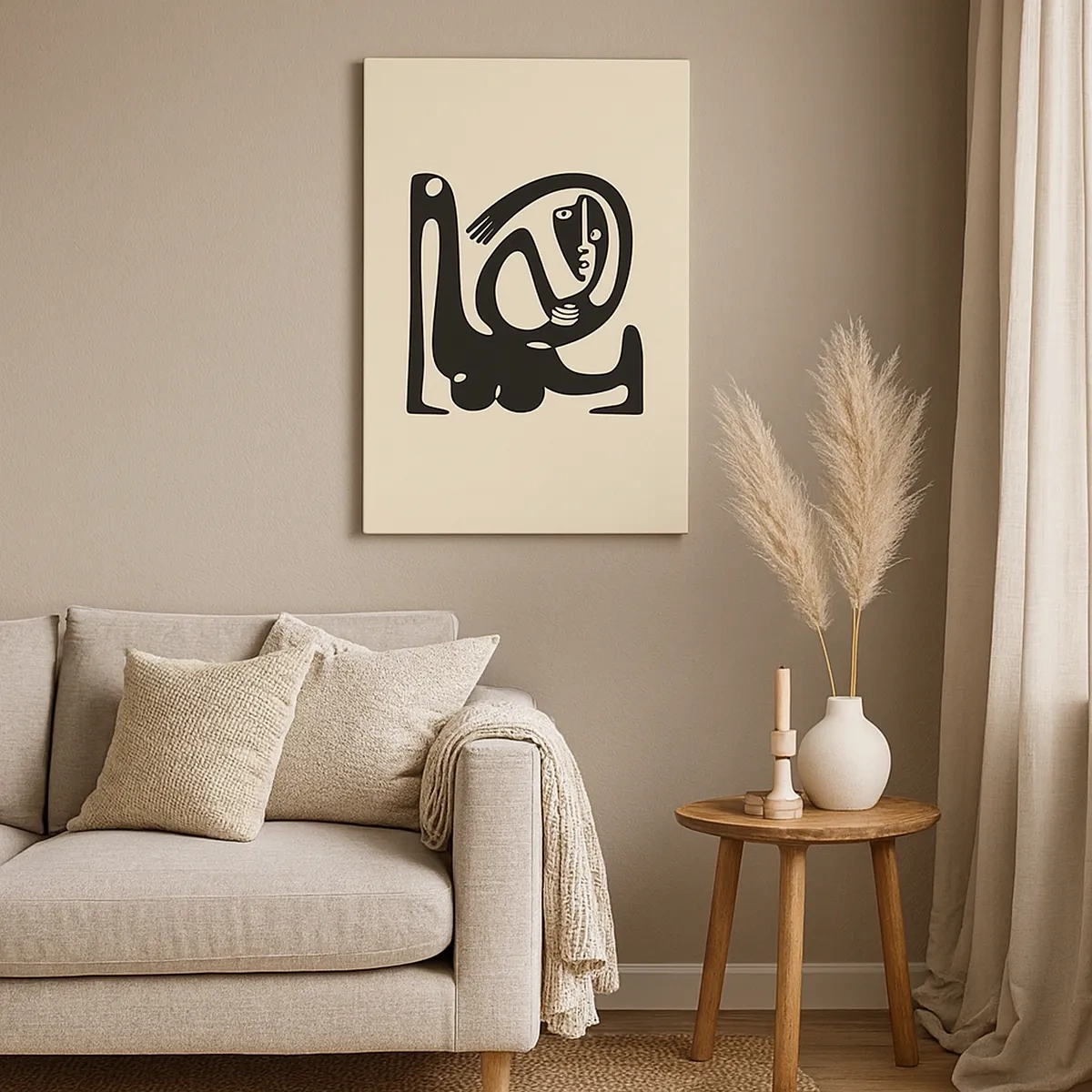 Quadro su tela - Stampe su Tela - Una figura astratta in nero su uno sfondo beige - 50x70cm - Quasi Picasso - Decorazione murale moderna per soggiorno e camera da letto ARTTOR