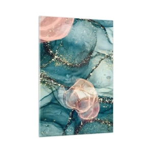 Quadro su vetro - Una composizione astratta nei toni del turchese e dell'oro. - 80x120cm - Blu di seta, rosa di tulle - Decorazione murale moderna per soggiorno e camera da letto ARTTOR