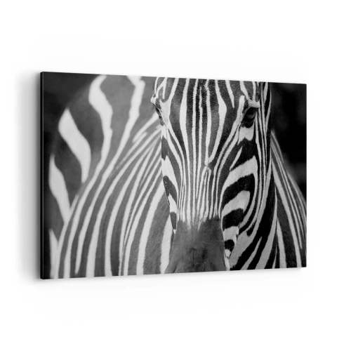 Quadro su tela - Stampe su Tela - Primo piano in bianco e nero di una zebra con le sue strisce distintive. - 120x80cm - Il mondo è in bianco e nero - Decorazione murale moderna per soggiorno e camera da letto ARTTOR