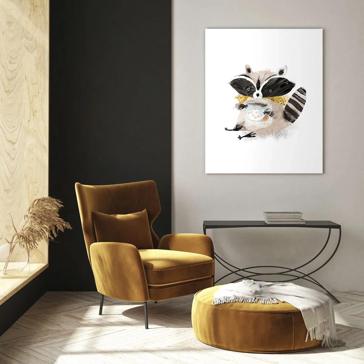 Quadro su vetro - Un simpatico procione che tiene in mano una tazza di bevanda - 50x70cm - Il mio amico procione - Decorazione murale moderna per soggiorno e camera da letto ARTTOR