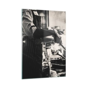 Quadro su vetro - Uno chef in azione con una padella in una cucina piena di vapore - 50x70cm - L'alchimia dei sapori - Decorazione murale moderna per soggiorno e camera da letto ARTTOR