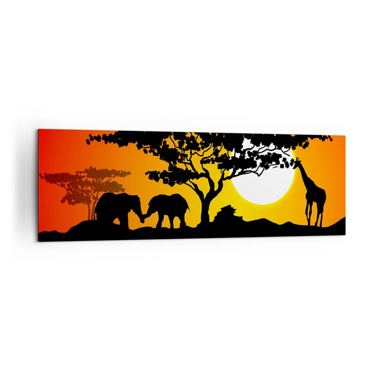 Quadro su tela - Stampe su Tela - Tramonto africano con sagome di elefanti e giraffe sull'acqua - 160x50cm - Incontro nella savana - Decorazione murale moderna per soggiorno e camera da letto ARTTOR