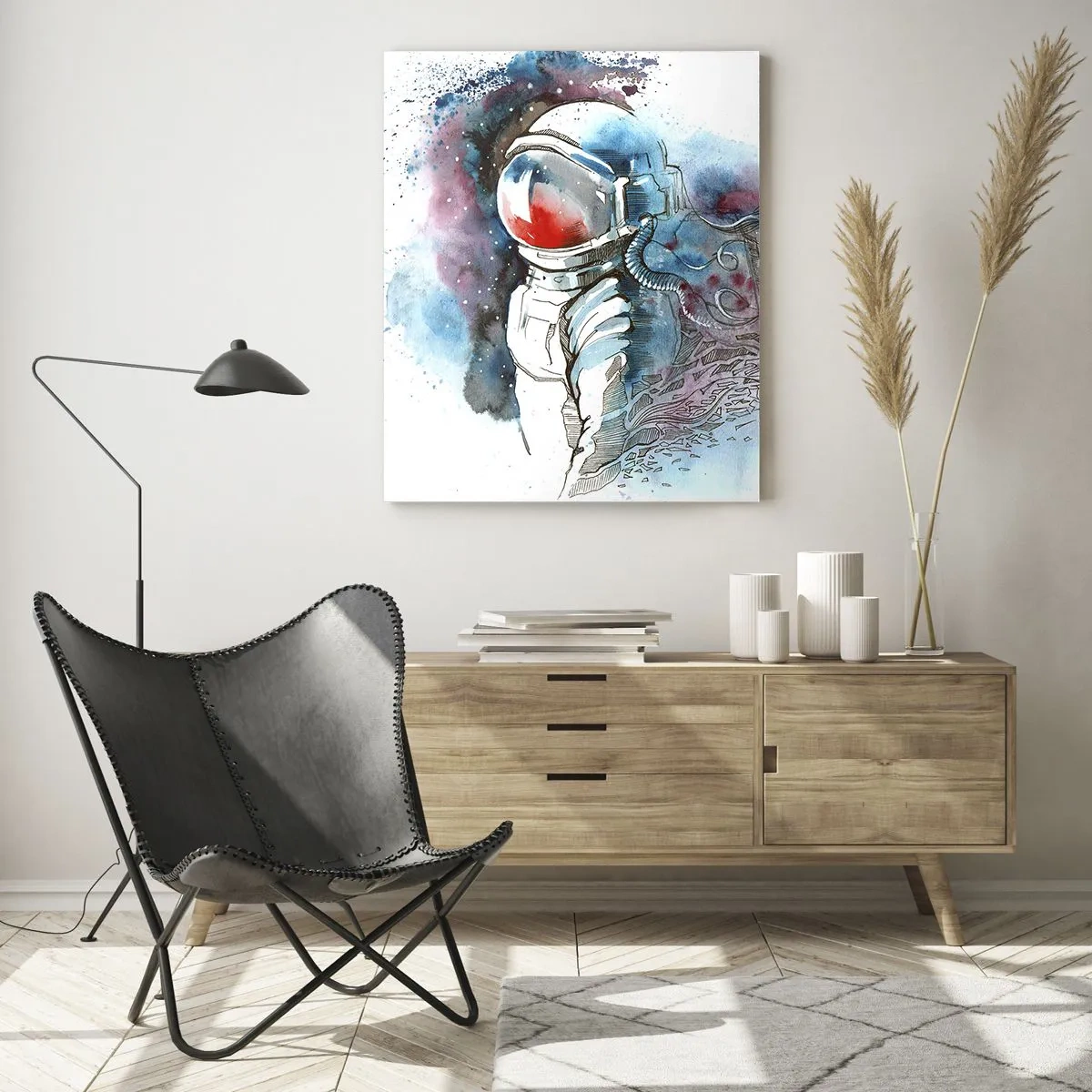 Quadro su vetro - Un cosmonauta in un acquerello dinamico con dettagli cosmici - 80x120cm - Da solo nel cosmo - Decorazione murale moderna per soggiorno e camera da letto ARTTOR