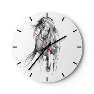 Orologio da parete - Orologio in Vetro - Schizzo a matita di un cavallo al galoppo su sfondo bianco. - 30x30cm - Trotto aggraziato - Decorazione murale moderna per soggiorno, cucina e camera da letto ARTTOR