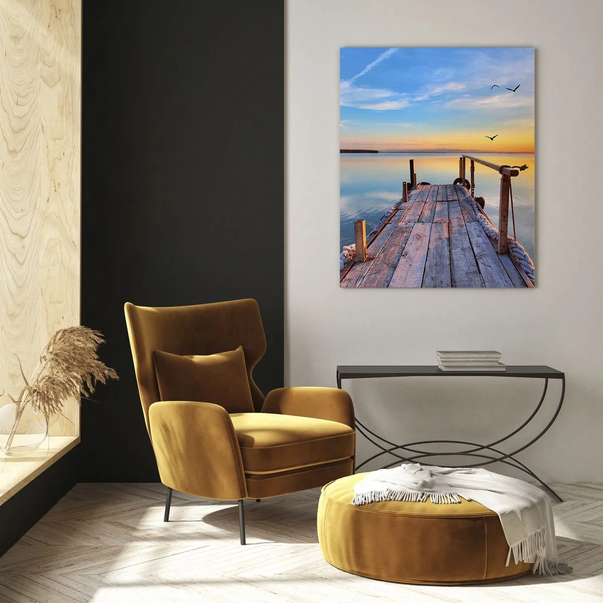 Quadro su vetro - Molo di legno al tramonto su un lago calmo - 70x100cm - Camminando verso il sole - Decorazione murale moderna per soggiorno e camera da letto ARTTOR
