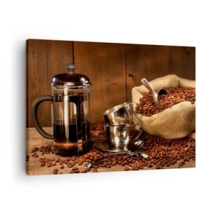 Quadro su tela - Stampe su Tela - French press, tazze e una busta di caffè su uno sfondo di legno - 70x50cm - Magia del caffè: aroma e sapore - Decorazione murale moderna per soggiorno e camera da letto ARTTOR