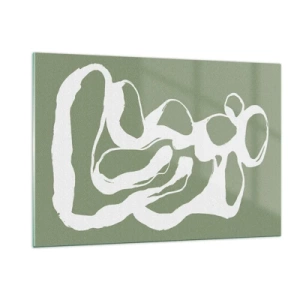 Quadro su vetro - Forma organica bianca astratta su sfondo oliva - 120x80cm - Il richiamo dello spazio - Decorazione murale moderna per soggiorno e camera da letto ARTTOR