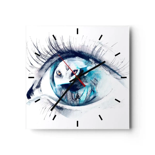 Orologio da parete - Orologio in Vetro - Un occhio con l'immagine di un gufo in tonalità di blu acquerellate - 30x30cm - Faccia a faccia con la natura selvaggia - Decorazione murale moderna per soggiorno e camera da letto ARTTOR
